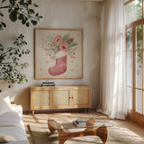 Winter Blooms V Pink by Janelle Penner. Shown in a natural wood frame in a cozy modern living room. Available as an archival giclee rolled canvas, fine art paper, or poster print. SKU 75138a.