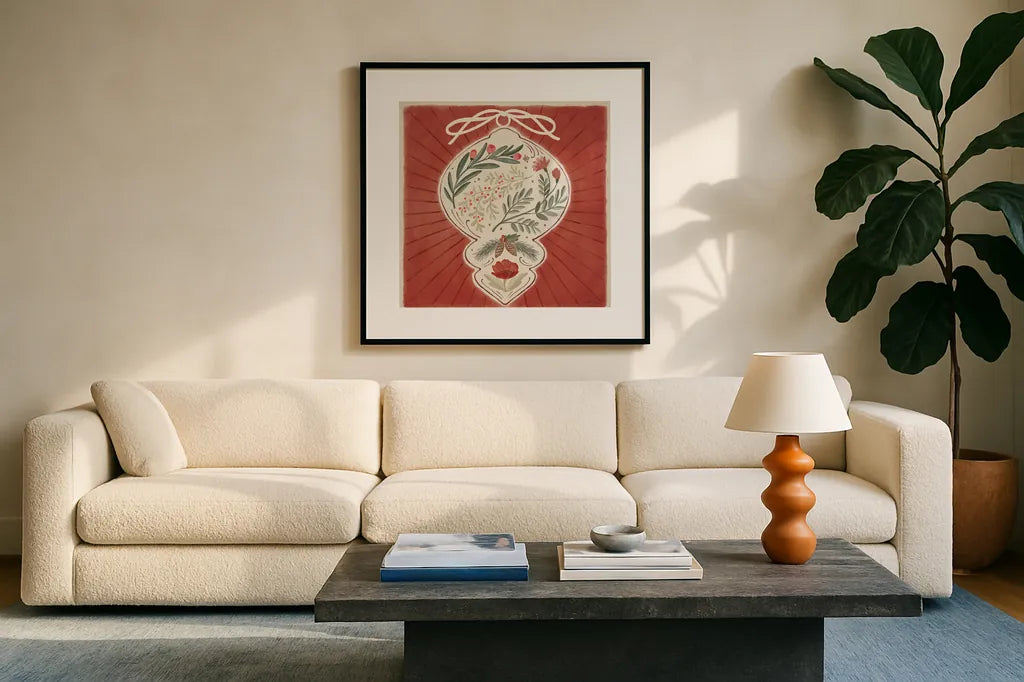 Winter Blooms VI by Janelle Penner. Displayed in a glass frame with matte in a clean modern living room. Available as an archival giclee rolled canvas, fine art paper, or poster print. SKU 70772a.