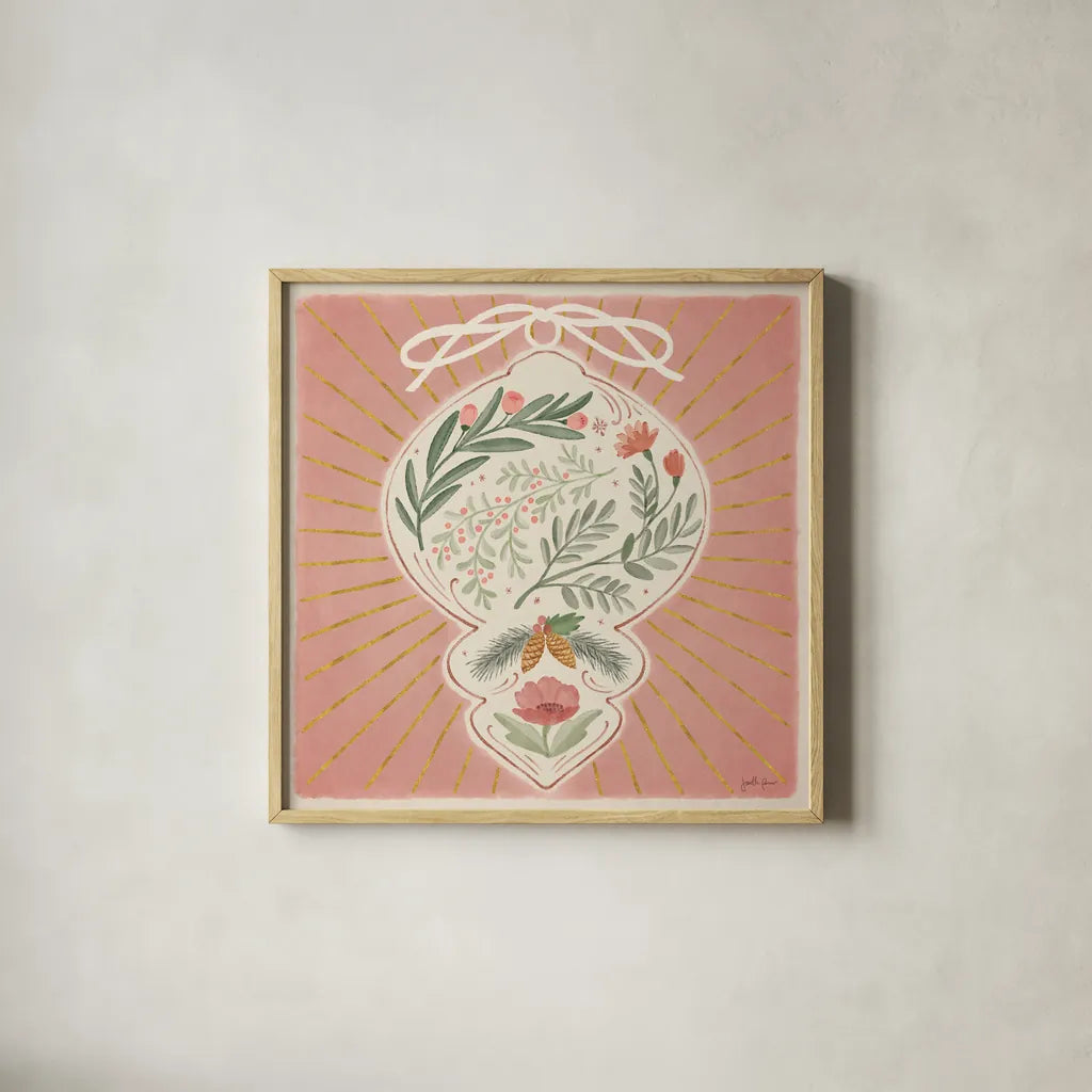 Winter Blooms VI Pink by Janelle Penner. Shown in a natural wood glass frame for a timeless modern aesthetic. Available as an archival giclee rolled canvas, fine art paper, or poster print. SKU 75139a.