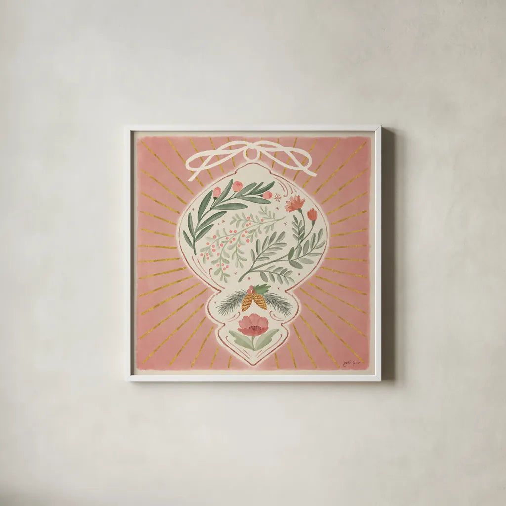 Winter Blooms VI Pink by Janelle Penner. Shown in a crisp white glass frame for a clean and minimalist style. Available as an archival giclee rolled canvas, fine art paper, or poster print. SKU 75139a.