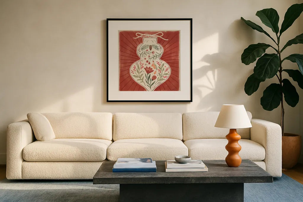 Winter Blooms VII by Janelle Penner. Displayed in a glass frame with matte in a clean modern living room. Available as an archival giclee rolled canvas, fine art paper, or poster print. SKU 70773a.