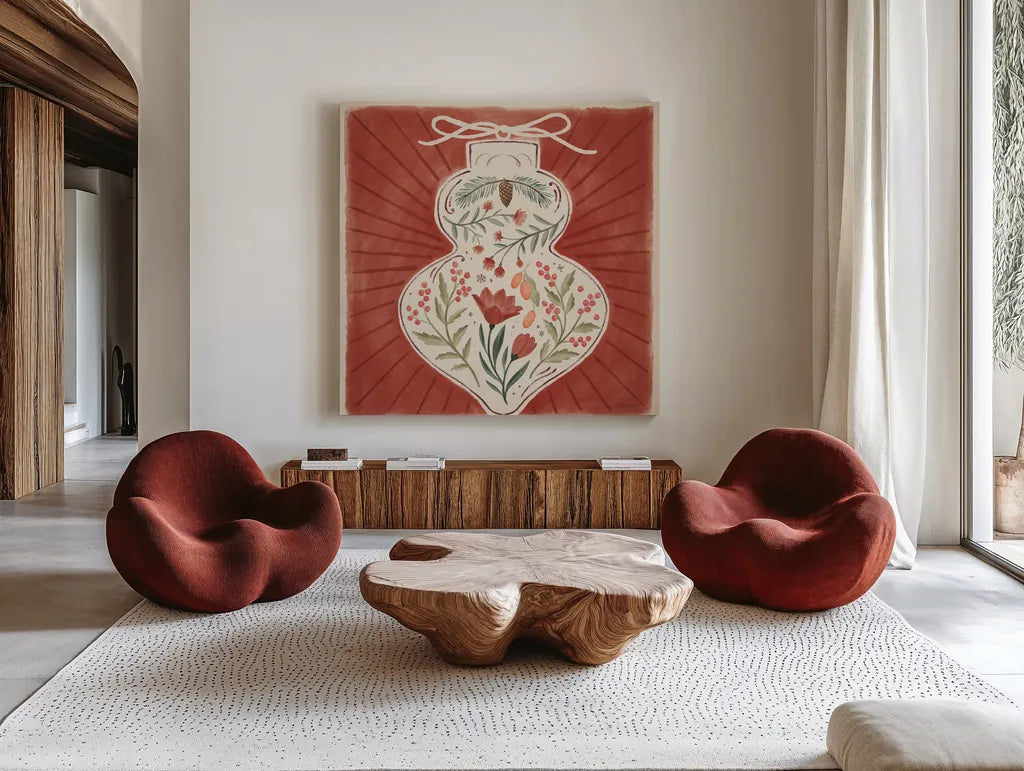 Winter Blooms VII by Janelle Penner. Shown as extra-large giant wall art in a modern living room. Available as an archival giclee rolled canvas, fine art paper, or poster print. SKU 70773a.