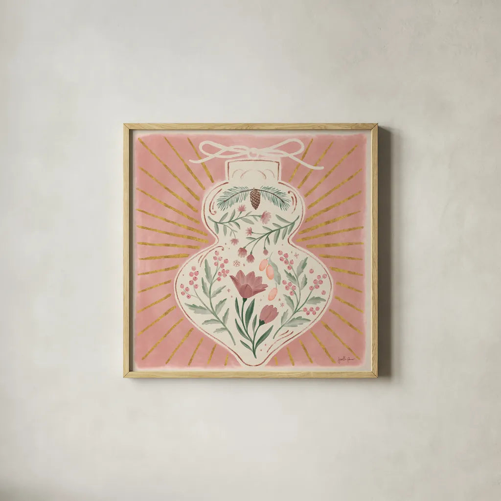 Winter Blooms VII Pink by Janelle Penner. Shown in a natural wood glass frame for a timeless modern aesthetic. Available as an archival giclee rolled canvas, fine art paper, or poster print. SKU 75140a.