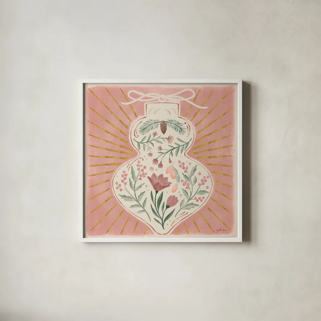 Winter Blooms VII Pink by Janelle Penner. Shown in a crisp white glass frame for a clean and minimalist style. Available as an archival giclee rolled canvas, fine art paper, or poster print. SKU 75140a.