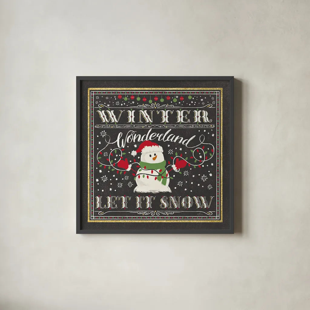 Winter Wonderland III-Let It Snow by Janelle Penner. Shown in a sleek black glass frame for a contemporary gallery look. Available as an archival giclee rolled canvas, fine art paper, or poster print. SKU 35316a.