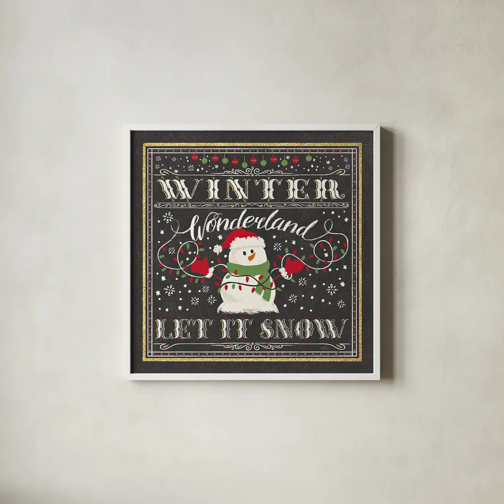 Winter Wonderland III-Let It Snow by Janelle Penner. Shown in a crisp white glass frame for a clean and minimalist style. Available as an archival giclee rolled canvas, fine art paper, or poster print. SKU 35316a.