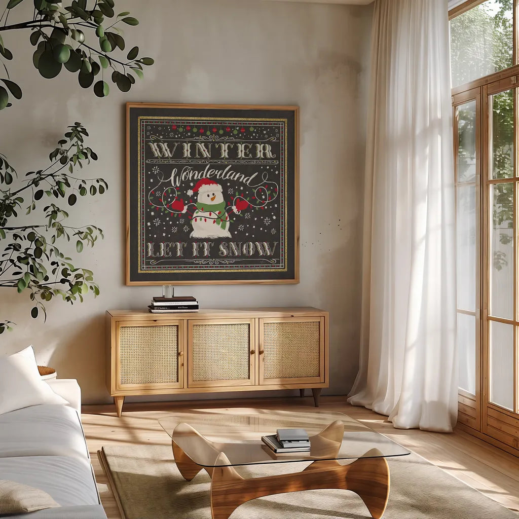 Winter Wonderland III-Let It Snow by Janelle Penner. Shown in a natural wood frame in a cozy modern living room. Available as an archival giclee rolled canvas, fine art paper, or poster print. SKU 35316a.