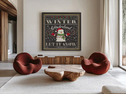 Winter Wonderland III-Let It Snow by Janelle Penner. Shown as extra-large giant wall art in a modern living room. Available as an archival giclee rolled canvas, fine art paper, or poster print. SKU 35316a.