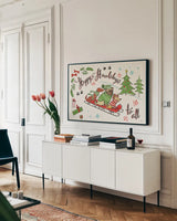 Winter Wooferland I by Janelle Penner. shown as a framed stretched canvas in a living room above a console. Available as a archival giclee rolled canvas, fine art paper, or poster print. SKU 36033i.