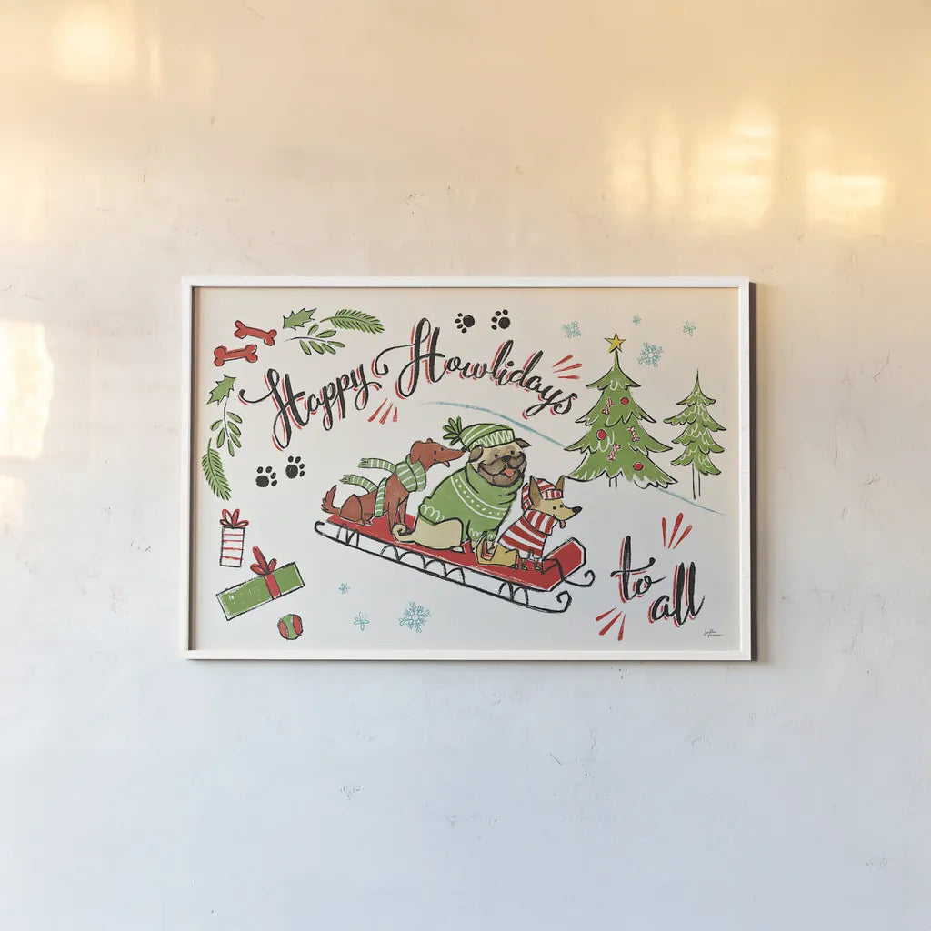 Winter Wooferland I by Janelle Penner. shown as a paper print in a white frame. Available as a archival giclee rolled canvas, fine art paper, or poster print. SKU 36033i.