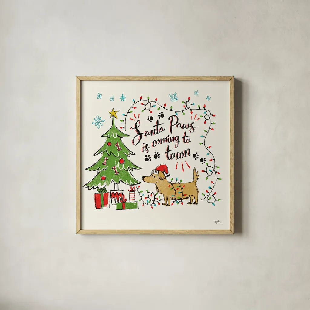 Winter Wooferland II by Janelle Penner. Shown in a natural wood glass frame for a timeless modern aesthetic. Available as an archival giclee rolled canvas, fine art paper, or poster print. SKU 36034a.