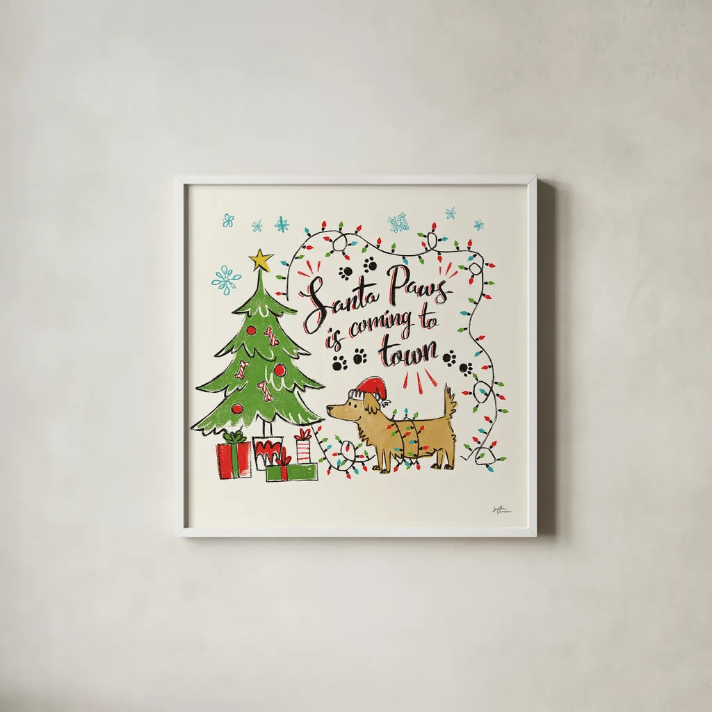 Winter Wooferland II by Janelle Penner. Shown in a crisp white glass frame for a clean and minimalist style. Available as an archival giclee rolled canvas, fine art paper, or poster print. SKU 36034a.