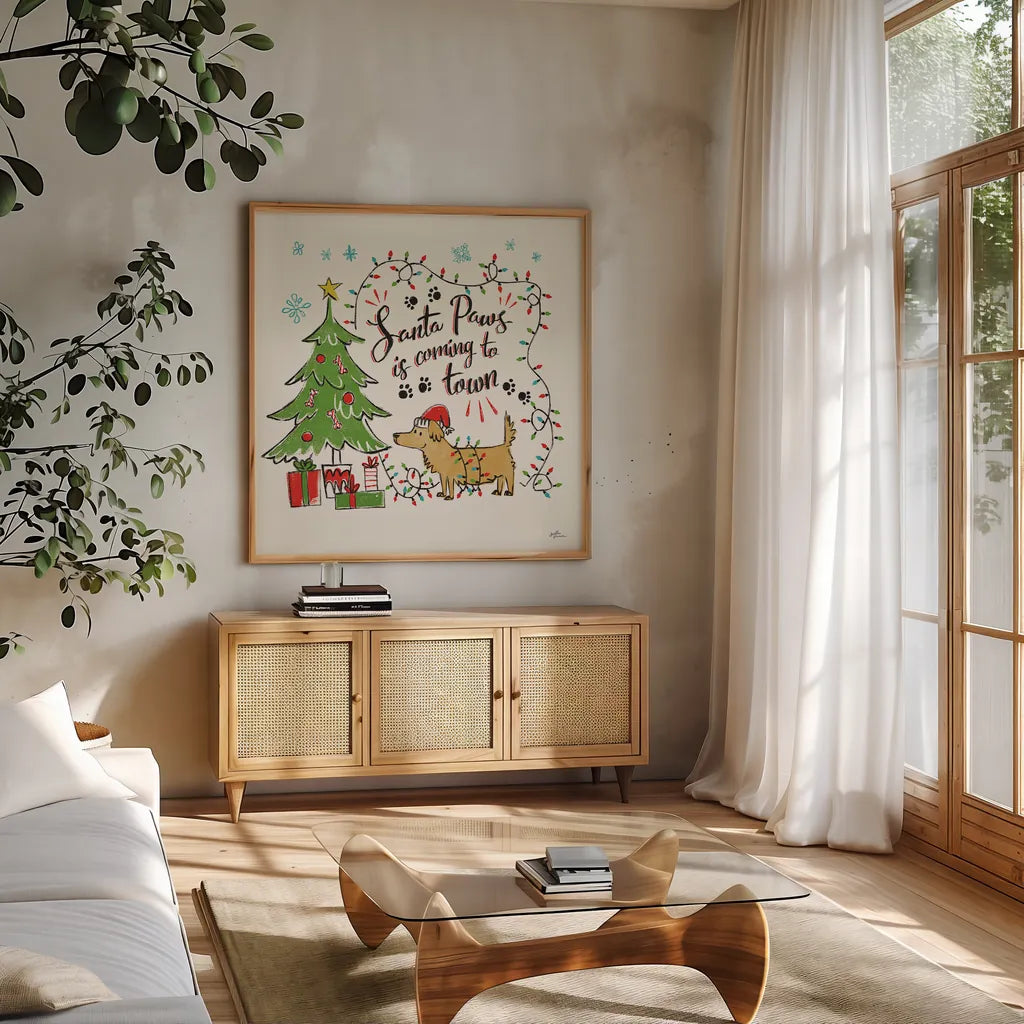 Winter Wooferland II by Janelle Penner. Shown in a natural wood frame in a cozy modern living room. Available as an archival giclee rolled canvas, fine art paper, or poster print. SKU 36034a.