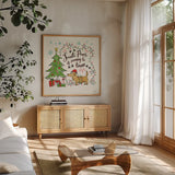 Winter Wooferland II by Janelle Penner. Shown in a natural wood frame in a cozy modern living room. Available as an archival giclee rolled canvas, fine art paper, or poster print. SKU 36034a.