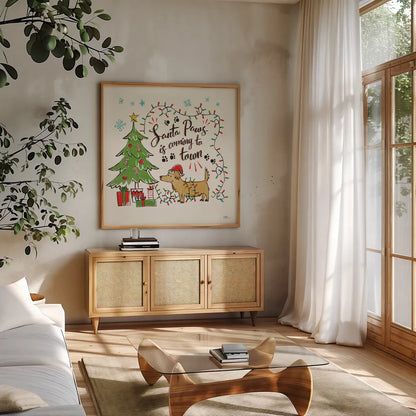 Winter Wooferland II by Janelle Penner. Shown in a natural wood frame in a cozy modern living room. Available as an archival giclee rolled canvas, fine art paper, or poster print. SKU 36034a.