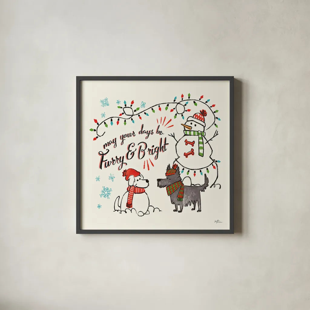 Winter Wooferland III by Janelle Penner. Shown in a sleek black glass frame for a contemporary gallery look. Available as an archival giclee rolled canvas, fine art paper, or poster print. SKU 36035a.