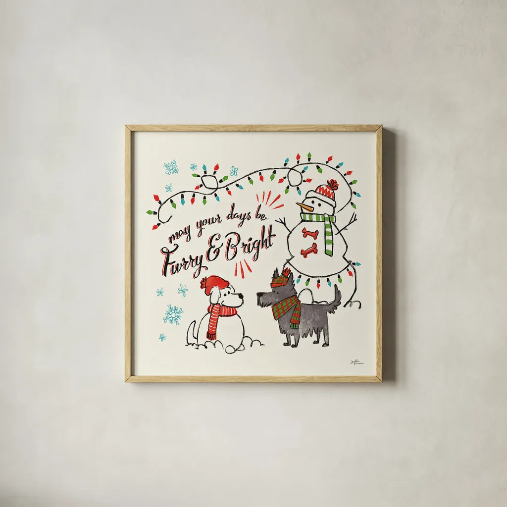 Winter Wooferland III by Janelle Penner. Shown in a natural wood glass frame for a timeless modern aesthetic. Available as an archival giclee rolled canvas, fine art paper, or poster print. SKU 36035a.