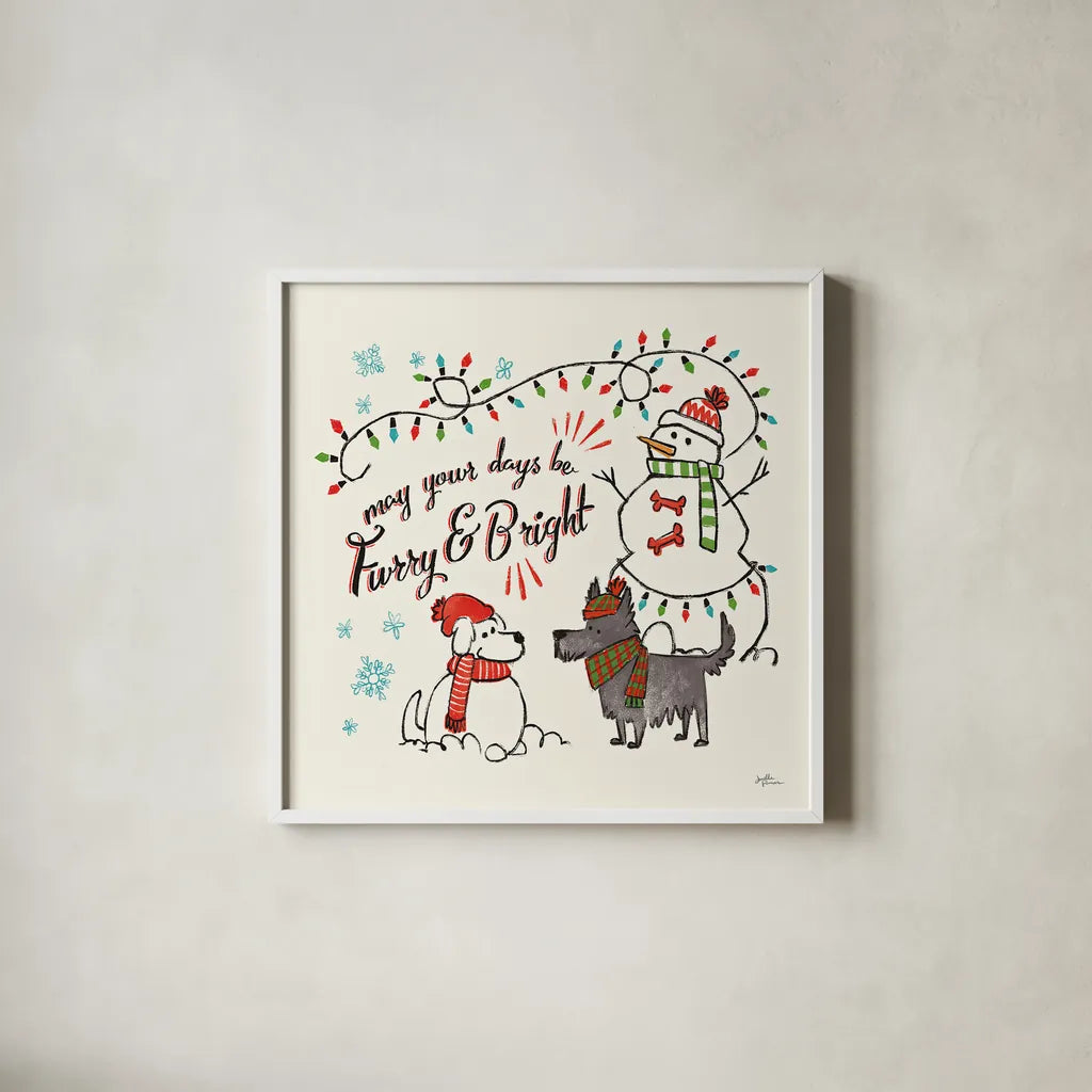 Winter Wooferland III by Janelle Penner. Shown in a crisp white glass frame for a clean and minimalist style. Available as an archival giclee rolled canvas, fine art paper, or poster print. SKU 36035a.