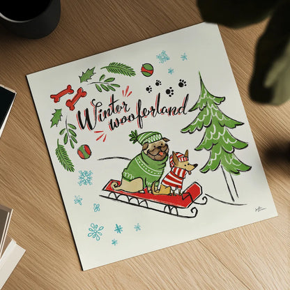 Winter Wooferland V by Janelle Penner. Shown as a detailed flat fine art print, highlighting archival giclee quality. Available as an archival giclee rolled canvas, fine art paper, or poster print. SKU 36037a.