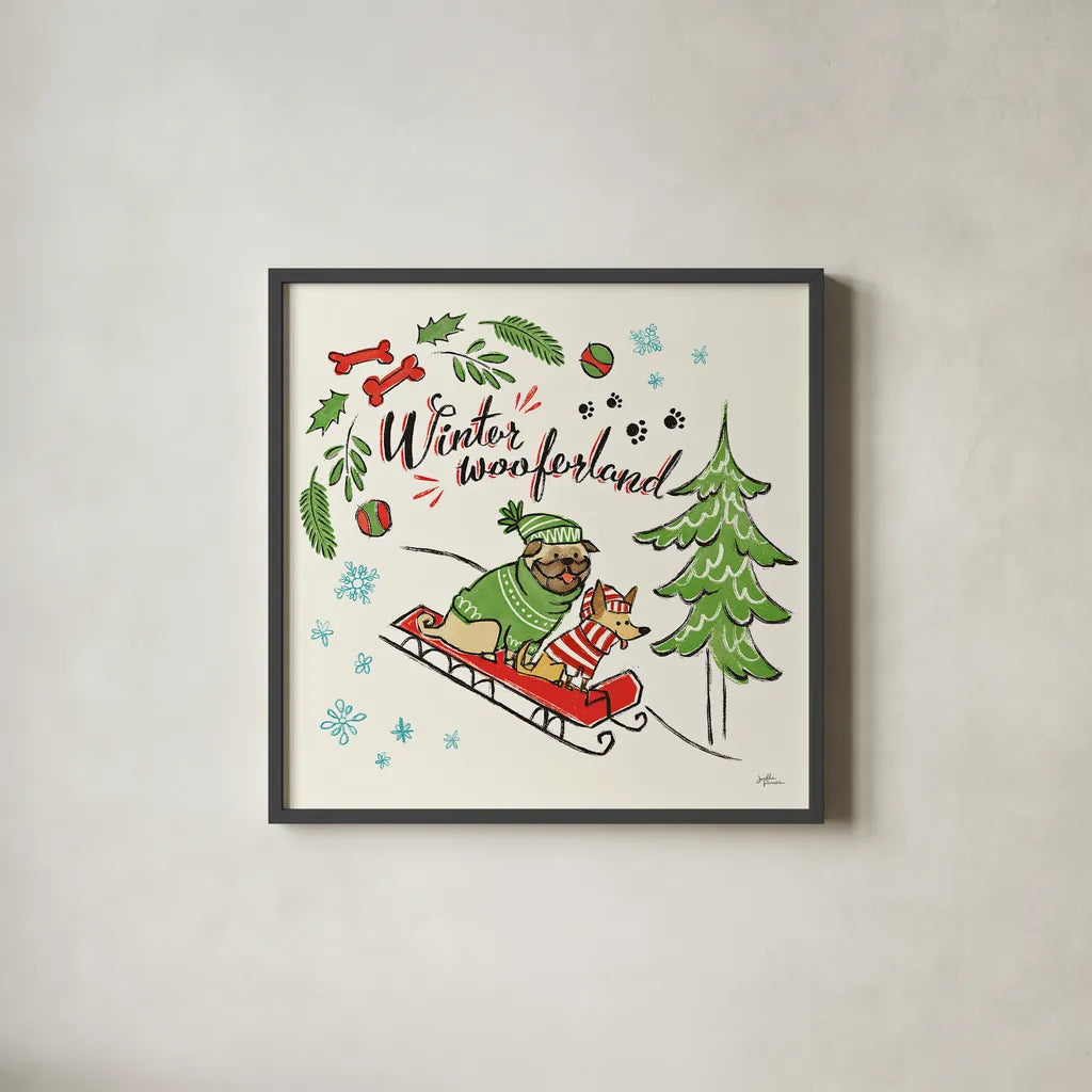 Winter Wooferland V by Janelle Penner. Shown in a sleek black glass frame for a contemporary gallery look. Available as an archival giclee rolled canvas, fine art paper, or poster print. SKU 36037a.
