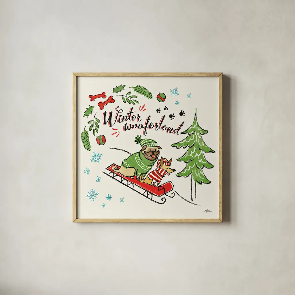 Winter Wooferland V by Janelle Penner. Shown in a natural wood glass frame for a timeless modern aesthetic. Available as an archival giclee rolled canvas, fine art paper, or poster print. SKU 36037a.