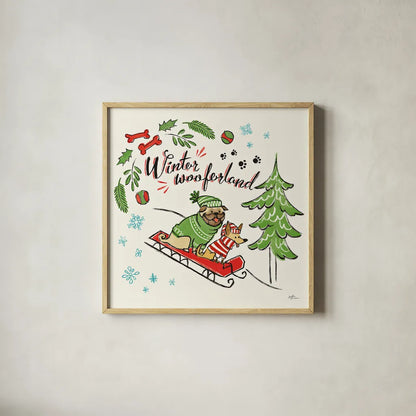 Winter Wooferland V by Janelle Penner. Shown in a natural wood glass frame for a timeless modern aesthetic. Available as an archival giclee rolled canvas, fine art paper, or poster print. SKU 36037a.