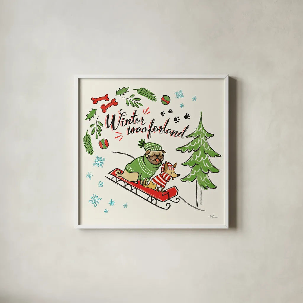 Winter Wooferland V by Janelle Penner. Shown in a crisp white glass frame for a clean and minimalist style. Available as an archival giclee rolled canvas, fine art paper, or poster print. SKU 36037a.