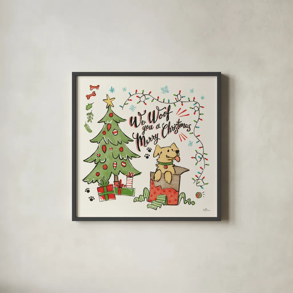 Winter Wooferland VI by Janelle Penner. Shown in a sleek black glass frame for a contemporary gallery look. Available as an archival giclee rolled canvas, fine art paper, or poster print. SKU 59149a.