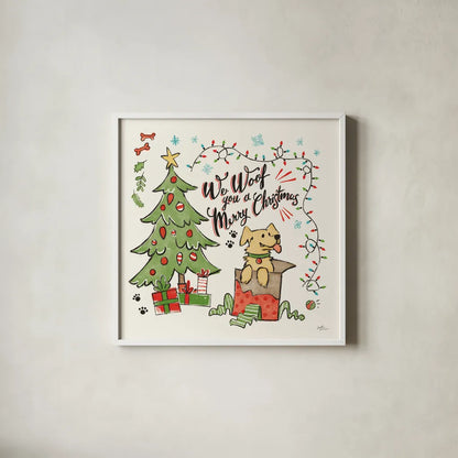 Winter Wooferland VI by Janelle Penner. Shown in a crisp white glass frame for a clean and minimalist style. Available as an archival giclee rolled canvas, fine art paper, or poster print. SKU 59149a.