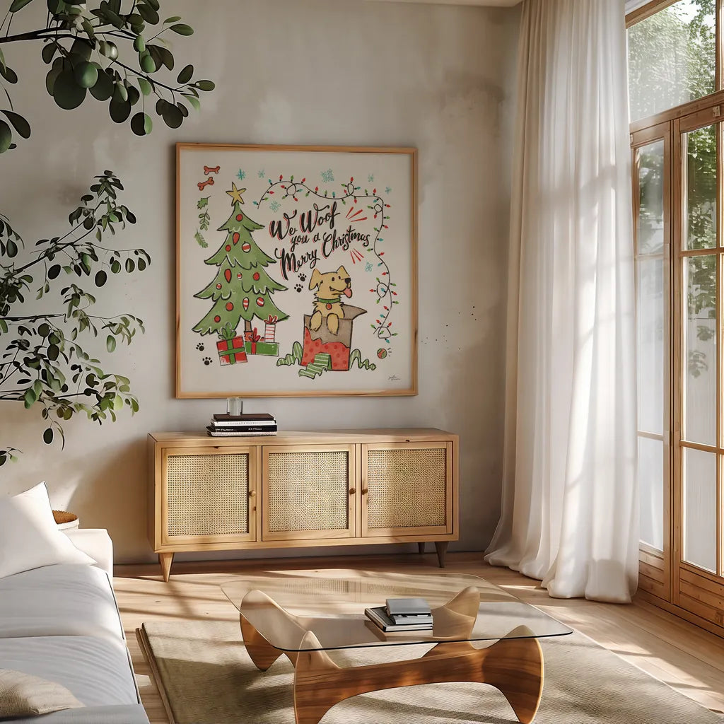 Winter Wooferland VI by Janelle Penner. Shown in a natural wood frame in a cozy modern living room. Available as an archival giclee rolled canvas, fine art paper, or poster print. SKU 59149a.