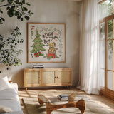 Winter Wooferland VI by Janelle Penner. Shown in a natural wood frame in a cozy modern living room. Available as an archival giclee rolled canvas, fine art paper, or poster print. SKU 59149a.
