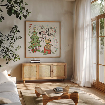 Winter Wooferland VI by Janelle Penner. Shown in a natural wood frame in a cozy modern living room. Available as an archival giclee rolled canvas, fine art paper, or poster print. SKU 59149a.