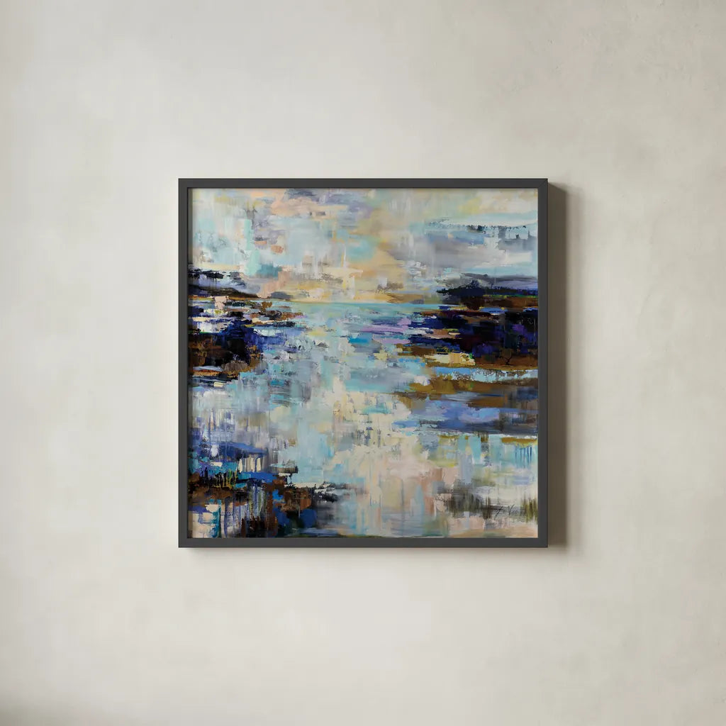 Abstract Morning by Jeanette Vertentes. Shown in a sleek black glass frame for a contemporary gallery look. Available as an archival giclee rolled canvas, fine art paper, or poster print. SKU 72612a.