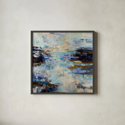 Abstract Morning by Jeanette Vertentes. Shown in a sleek black glass frame for a contemporary gallery look. Available as an archival giclee rolled canvas, fine art paper, or poster print. SKU 72612a.