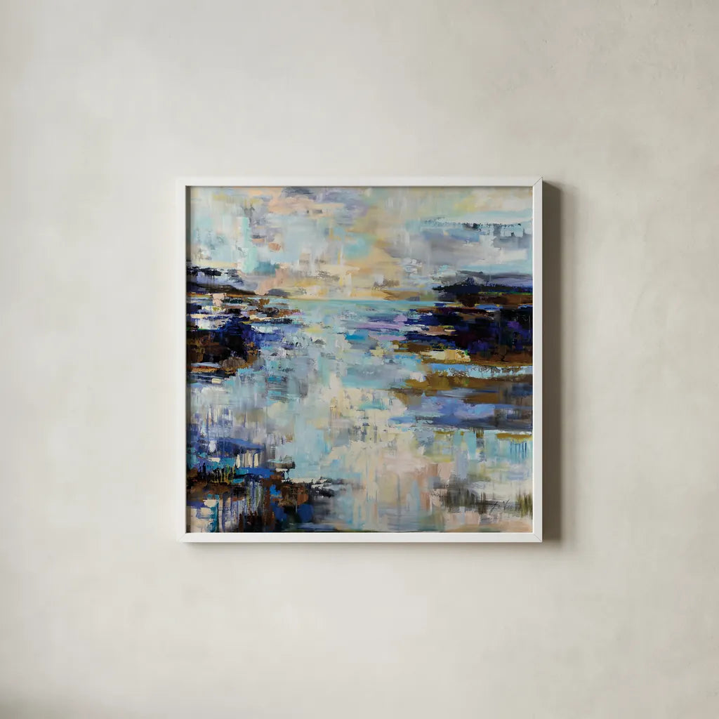 Abstract Morning by Jeanette Vertentes. Shown in a crisp white glass frame for a clean and minimalist style. Available as an archival giclee rolled canvas, fine art paper, or poster print. SKU 72612a.