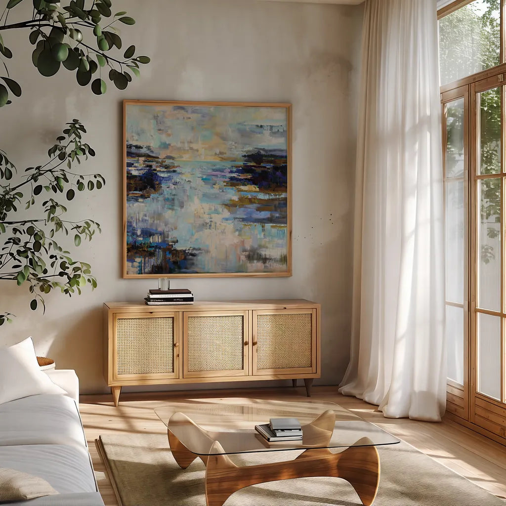 Abstract Morning by Jeanette Vertentes. Shown in a natural wood frame in a cozy modern living room. Available as an archival giclee rolled canvas, fine art paper, or poster print. SKU 72612a.