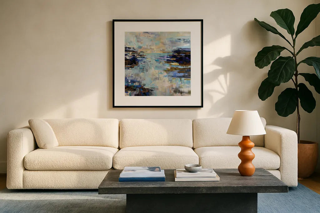 Abstract Morning by Jeanette Vertentes. Displayed in a glass frame with matte in a clean modern living room. Available as an archival giclee rolled canvas, fine art paper, or poster print. SKU 72612a.