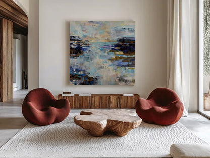 Abstract Morning by Jeanette Vertentes. Shown as extra-large giant wall art in a modern living room. Available as an archival giclee rolled canvas, fine art paper, or poster print. SKU 72612a.
