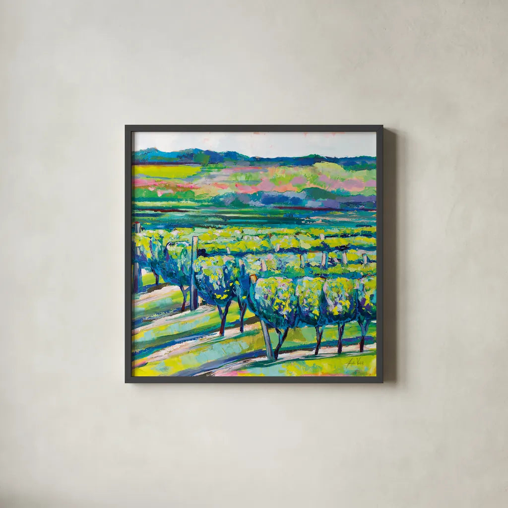 All in a Row by Jeanette Vertentes. Shown in a sleek black glass frame for a contemporary gallery look. Available as an archival giclee rolled canvas, fine art paper, or poster print. SKU 70557a.