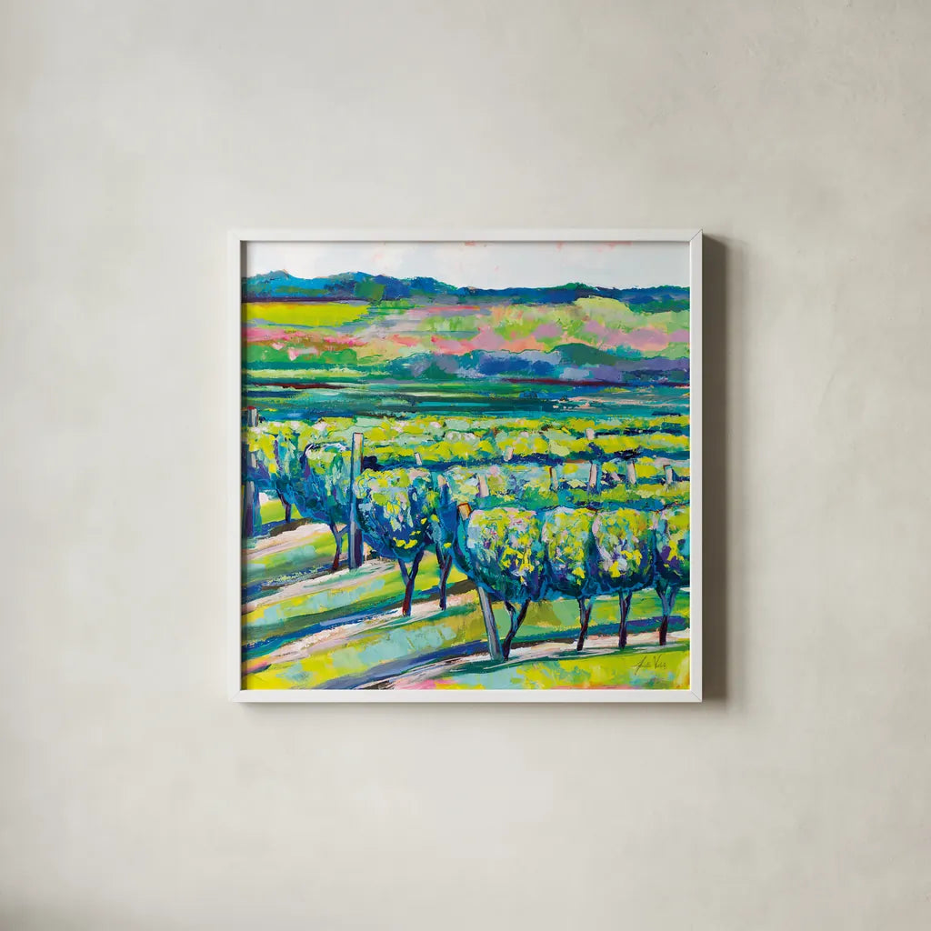 All in a Row by Jeanette Vertentes. Shown in a crisp white glass frame for a clean and minimalist style. Available as an archival giclee rolled canvas, fine art paper, or poster print. SKU 70557a.