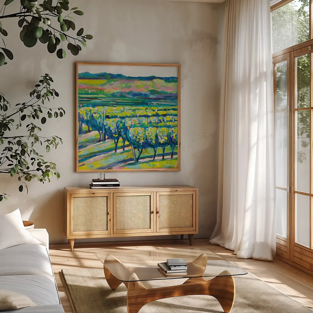 All in a Row by Jeanette Vertentes. Shown in a natural wood frame in a cozy modern living room. Available as an archival giclee rolled canvas, fine art paper, or poster print. SKU 70557a.