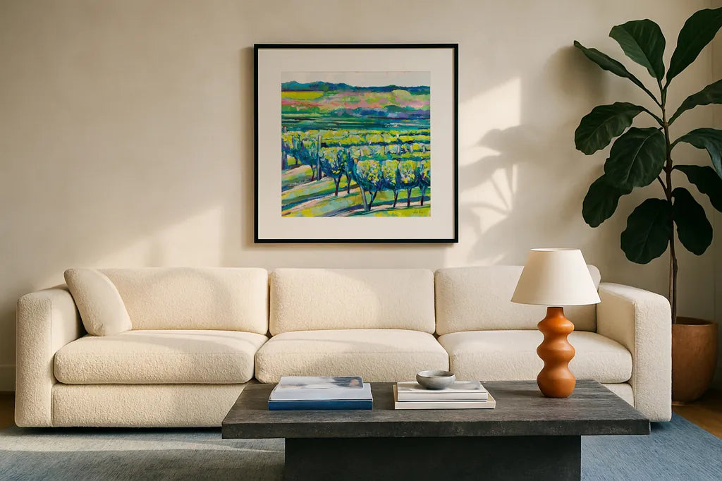 All in a Row by Jeanette Vertentes. Displayed in a glass frame with matte in a clean modern living room. Available as an archival giclee rolled canvas, fine art paper, or poster print. SKU 70557a.