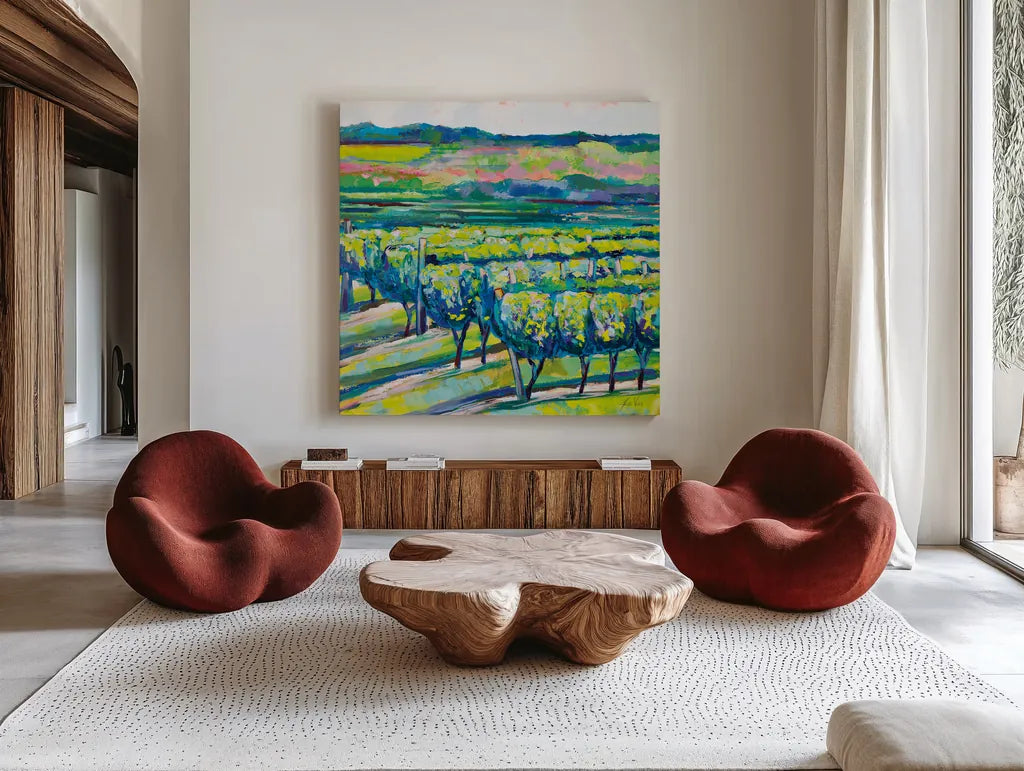 All in a Row by Jeanette Vertentes. Shown as extra-large giant wall art in a modern living room. Available as an archival giclee rolled canvas, fine art paper, or poster print. SKU 70557a.