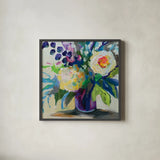 Amethyst Bouquet by Jeanette Vertentes. Shown in a sleek black glass frame for a contemporary gallery look. Available as an archival giclee rolled canvas, fine art paper, or poster print. SKU 95747a.