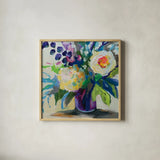 Amethyst Bouquet by Jeanette Vertentes. Shown in a natural wood glass frame for a timeless modern aesthetic. Available as an archival giclee rolled canvas, fine art paper, or poster print. SKU 95747a.