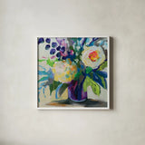 Amethyst Bouquet by Jeanette Vertentes. Shown in a crisp white glass frame for a clean and minimalist style. Available as an archival giclee rolled canvas, fine art paper, or poster print. SKU 95747a.