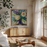 Amethyst Bouquet by Jeanette Vertentes. Shown in a natural wood frame in a cozy modern living room. Available as an archival giclee rolled canvas, fine art paper, or poster print. SKU 95747a.