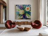 Amethyst Bouquet by Jeanette Vertentes. Shown as extra-large giant wall art in a modern living room. Available as an archival giclee rolled canvas, fine art paper, or poster print. SKU 95747a.