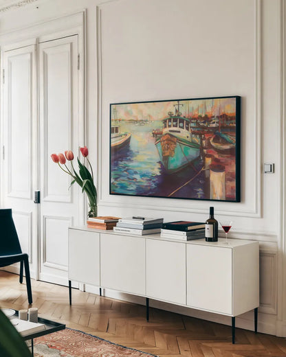 At Fords by Jeanette Vertentes. shown as a framed stretched canvas in a living room above a console. Available as a archival giclee rolled canvas, fine art paper, or poster print. SKU 49330i.