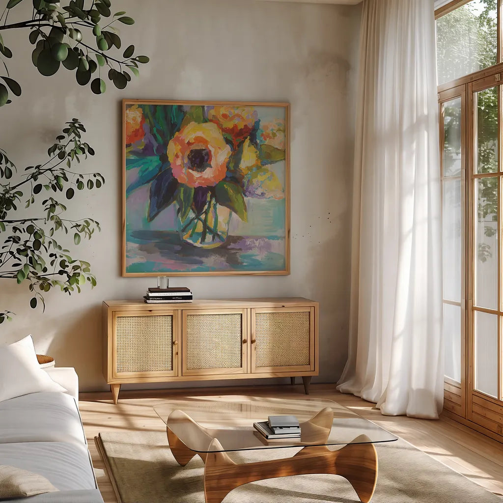 Baby Glow by Jeanette Vertentes. Shown in a natural wood frame in a cozy modern living room. Available as an archival giclee rolled canvas, fine art paper, or poster print. SKU 49141a.